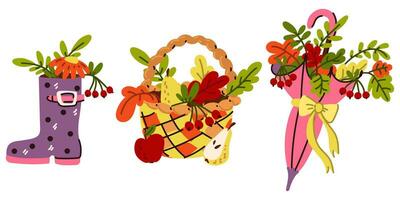 A set of autumn wicker basket, umbrella, shoe with autumn leaves, berries, fruits inside. The elements are isolated on a white background. Vector flat illustration of autumn weather