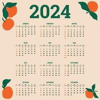 Orange summer background 2024 new year schedule calendar layout vector