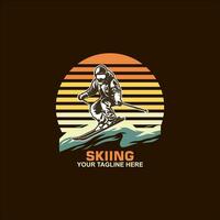 Ski club concept with skiers skiing downhill in high mountains. Ski club vector retro badge