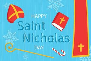 Santo nicholas día. horizontal bandera con atributos de Santo Nicolás, sombrero, Biblia, dulce, personal. tradicional Días festivos de cristiano países. vector