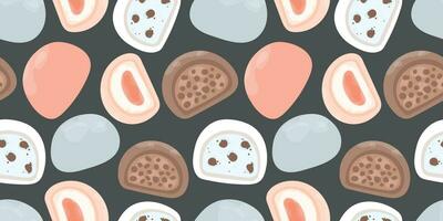 Mochi seamless pattern. Japanese Mochi with different fillings on black background. Asian sweet food. Vector for clothes, background, print, package. Japanese Mochi in rice dough.