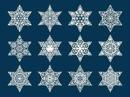Snowflake icons set. Snowflake symbols. Snow icon.Set of snowflakes. Laser cut pattern for christmas paper cards, design elements, scrapbooking. Vector illustration.