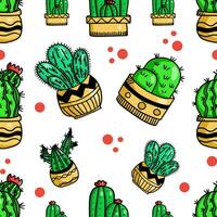 Seamless vector pattern with hand drawn doodle cactuses and succulents