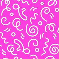 Doodle 90s style seamless pattern on pink background with kid squiggles, swirls and zigzag. Flat vector retro illustration