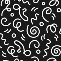 Doodle 90s style seamless pattern on black background with kid squiggles, swirls and zigzag. Flat vector retro trendy background