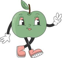 90s Fruta gracioso retro maravilloso dibujos animados hippie personaje. cómic personaje de manzana niña en transparente antecedentes. maravilloso verano vector ilustración. dulce jugoso Fresco fruta.