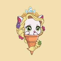 Unique vector illustration of a cat's head like an adorable princess character on top of ice cream.  Suitable for making stickers, room wall decorations, children's book covers, etc.