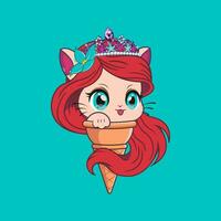 Unique vector illustration of a cat's head like an adorable princess character on top of ice cream.  Suitable for making stickers, room wall decorations, children's book covers, etc.