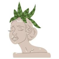 A flower pot with a female portrait of an antique Greek sculpture in a modern style. Modern female sculpture, portrait with a plant on her head. Hand-drawn vector illustration highlighted on a white