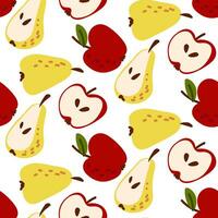 Pattern autumn harvest apples and pears whole and in section on a white background. Vector flat bright texture with fruits. Cute cartoon illustration for printing on textiles and paper. Packaging