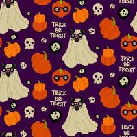 Pattern of a cat in a sheet and glasses for Halloween on a purple background. A black cat with glasses with a skull pattern. Flat vector illustration with pumpkins. Text Trick or treat