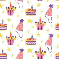 Seamless birthday pattern, hand-drawn. A festive piece of cream cake with candles, a muffin, a cupcake, a festive hat and stars on a white. Vector holiday texture in Scandinavian style for children