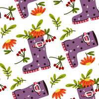 Pattern with purple rubber boots and a bouquet of autumn leaves and berries on a white background. Vector flat bright texture with autumn motifs. Cute cartoon illustration printing on textiles, paper