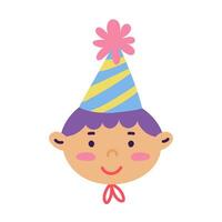 Portrait of a boy in a festive birthday cone on a white background. Festive portrait of the birthday boy. A boy in a festive cone. Birthday, a holiday for a boy. Striped Hat vector