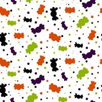 Seamless Halloween candy pattern. Bright candies, sweets, confetti in traditional Halloween colors on a white background. Vector illustration for printing on textiles and paper