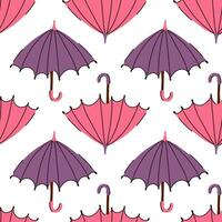 The pattern is an open pink and purple umbrella. Seamless, repetitive flat autumn cartoon texture. Cute weather protection on a white background. Umbrellas up and down, printing on textiles and paper vector