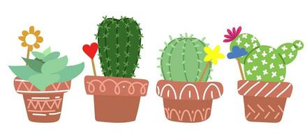 un conjunto de linda cactus en ollas. eso lata ser usado para postales, invitaciones o como un pegatina. interior plantas con decorado en un blanco antecedentes. impresión un aislado mordaz colección para pegatinas vector