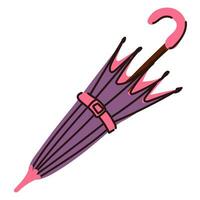 Illustration of a closed purple umbrella-cane, highlighted on a white background. An umbrella with Velcro, pink inside. Protection from rain and sun for autumn, spring, summer. Multifunctional item vector