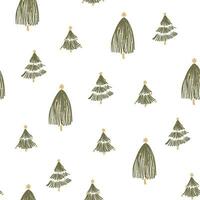 Boho Christmas tree seamless pattern. Hand drawn green fur tree shapes on white repeat background. Winter forest rustic vector print, wrapping paper, fabric, textile. Simple winter holiday wallpaper.