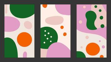 Set cute doodle pattern backgrounds with abstract shapes. Collection vertical abstract templates for social media story. Retro groovy style vector covers