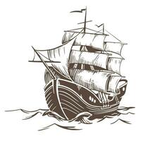 Embarcacion bosquejo. un velero paño en el olas con elevado paño. vector ilustración en grabado estilo aislado en blanco antecedentes. náutico buque para diseño en retro estilo.