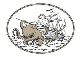 A mythical monster from the dark depths attacks the ship. The octopus wraps its tentacles around the ship and pulls it to the bottom. Vector image of the Kraken.