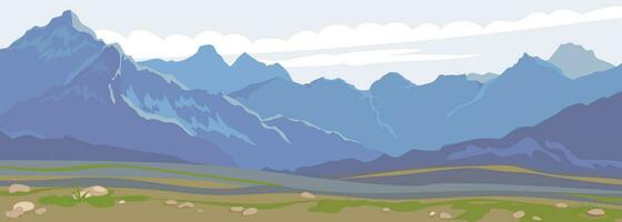 montaña paisaje horizontal. vector caja. ver de rocas, Roca picos cubierto con nieve. alto montañoso país. un especies característica de el Alpes, Nepal y Tíbet.