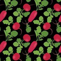 Red radish seamless pattern on black background. Vector vegetable in flat style. Background for kitchen textiles, pattern of fresh vegetables in cartoon style.