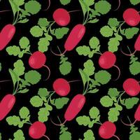 Red radish seamless pattern on black background. Vector vegetable in flat style. Background for kitchen textiles, pattern of fresh vegetables in cartoon style.