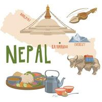 Map of Nepal with attractions. Traditional dishes, food products, Buddhist household items. Boudhanath, a yak with a load. Vector illustration for the design of travel brochures, tourist maps.