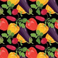 Vegetable seamless pattern. Vector products in flat style. Eggplan, bell pepper, radish and celery on a black background. Design for wallpaper, fabric, packaging.