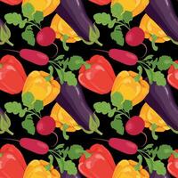 Vegetable seamless pattern. Vector products in flat style. Eggplan, bell pepper, radish and celery on a black background. Design for wallpaper, fabric, packaging.