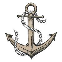mar ancla envuelto con cuerda. parte de el equipo para el barco. vector mano dibujado ilustración. clipart para tatuaje, emblema, logo, etiqueta en un blanco antecedentes.