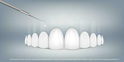 Vector realistic teeth on a light gray background with a dental hook