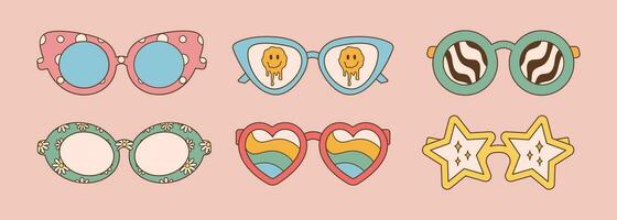 Sunglasses set in retro groovy hippie style. Vector illustration 70s 80s