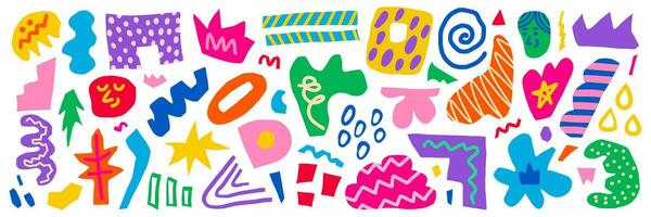 Abstract big set of colorful hand drawn various shapes, curls, forms and doodle objects. Modern vector illustration