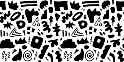 Abstract black seamless pattern hand drawn various shapes, curls, forms and doodle objects. Modern vector background