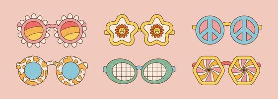 Sunglasses set in retro groovy hippie style. Vector illustration 70s 80s