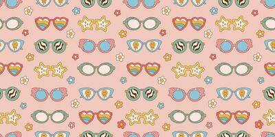 Sunglasses seamless pattern in retro groovy hippie style. Vector illustration 70s 80s