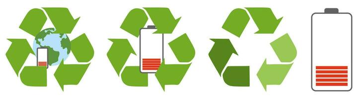 Recycling Set, recycle battery, thunder. Perfect for website mobile app, app icons, presentation. Vector flat illustration isolated on white. Green arrows.