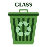 Green recycle garbage bin for glass. Reuse or reduce symbol. Plastic recycle trash can. Trash can icon in flat. Waste recycling. Environmental protection. Vector illustration isolated on white