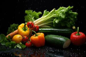 Fresco vegetales en un negro antecedentes con agua gotas, de cerca, Fresco vegetales en un negro antecedentes con gotas de agua, ai generado foto