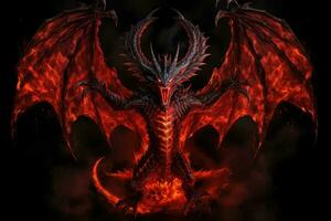 3d rendering of a fantasy dragon with fire on a black background, Full length angry red dragon with big wings and fire on black background, AI Generated photo