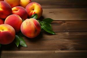 Fresh peaches with leaves on a brown wooden background. Copy space, fresh peaches on wood background, AI Generated photo