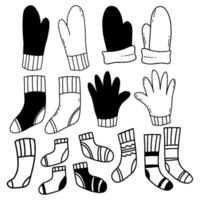 socks and mittens. Collection doodle. Vector illustration. Isolated Hand drawn outline drawing seasonal clothing.