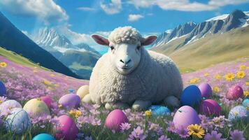 Ai generative, a sheep in a field surrounded by easter eggs video