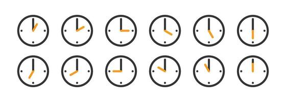 Clock icon set. Time symbol. Time management, minutes, countdown, deadline and delay, hour. Outline, flat and colored style icon for web design. Vector illustration.