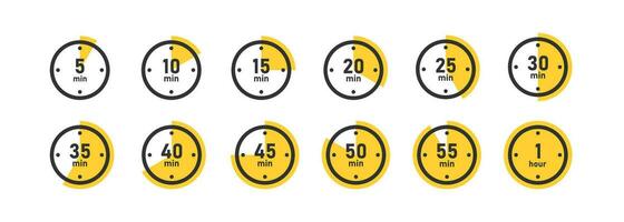 Clock yellow icon set. Time symbol. Countdown timer, label cooking time, stopwatch, hour, minute period. Outline, flat and colored style icon for web design. Vector illustration.