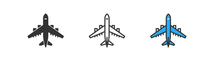 Plane icon on white background. Flight symbol. Tourism, airplane, travel, air transportation. Outline flat and colored style vector illustration.