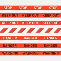 Red caution, danger tape. Keep out area, restricted access, construction zone, warning signs, stop. Flat vector illustration.